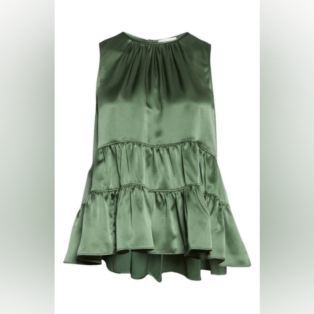 Cinq A Sept Shari Tiered Peplum Silk Blouse Hemp Green Women's Xsmall XS